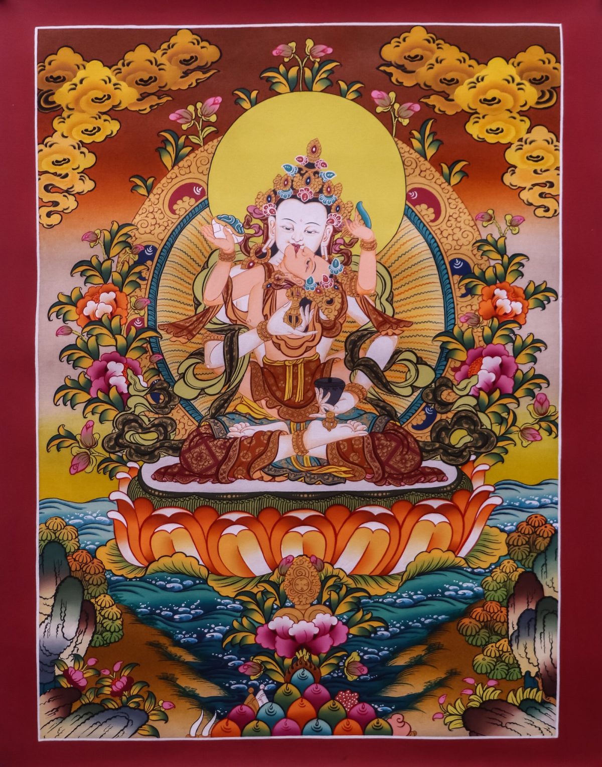 Hand painted Vajrasattva Consort Yab Yum Thangka painting with 24K gold details from Nepal