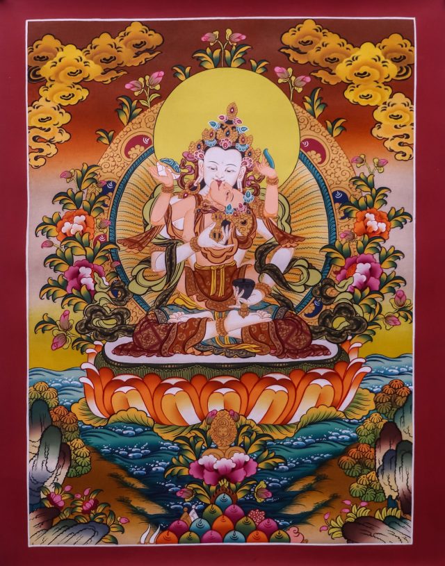 Hand painted Vajrasattva Consort Yab Yum Thangka painting with 24K gold details from Nepal