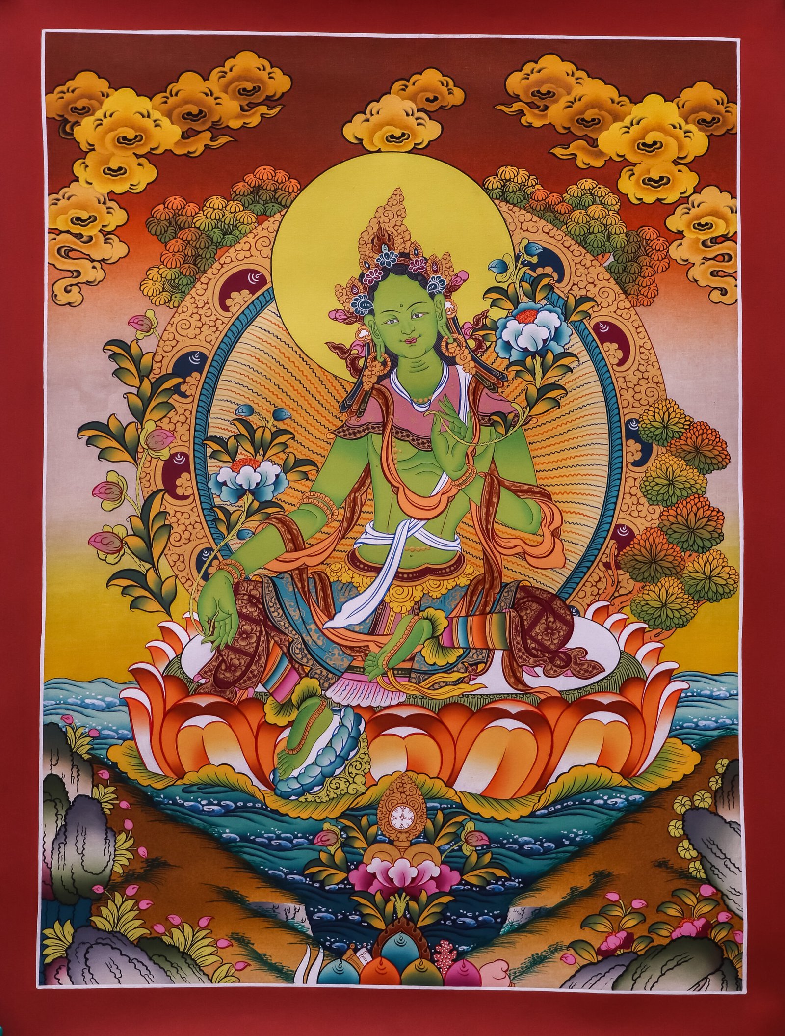 Hand painted Green Tara Thangka painting with gold details from Nepal