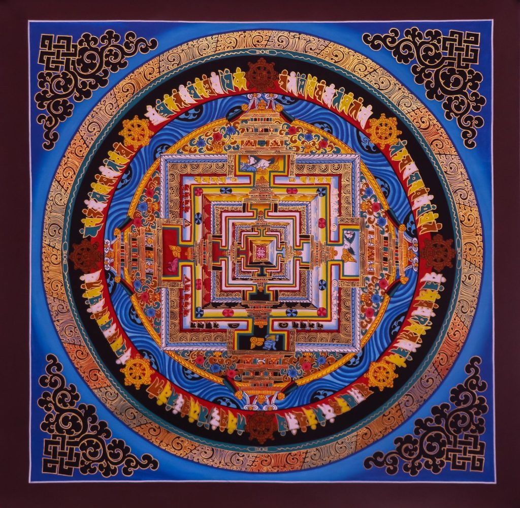 Authentic handpainted Kalachakra Mandala Thangka featuring golden palace and blue background