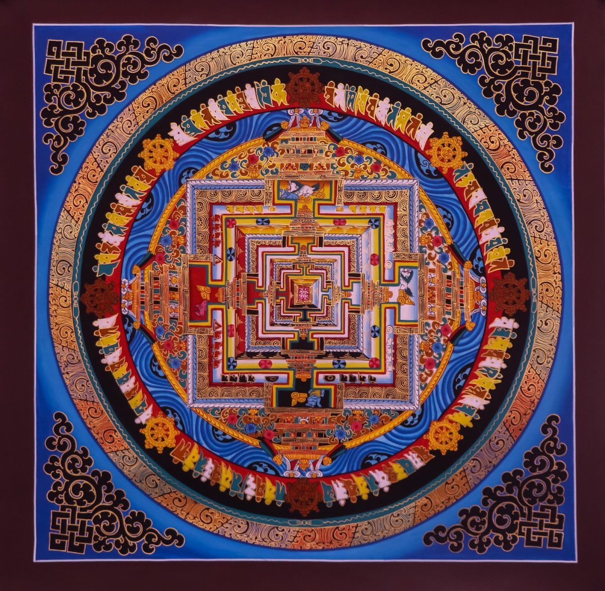 Authentic handpainted Kalachakra Mandala Thangka featuring golden palace and blue background