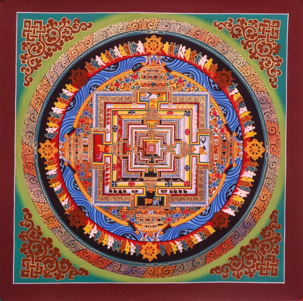 Authentic handpainted Kalachakra Mandala Thangka featuring golden palace and blue background