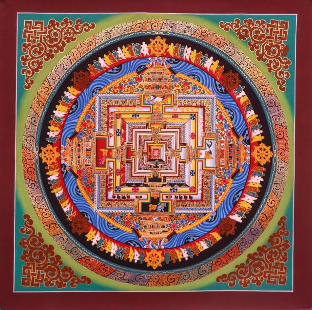Authentic handpainted Kalachakra Mandala Thangka featuring golden palace and blue background