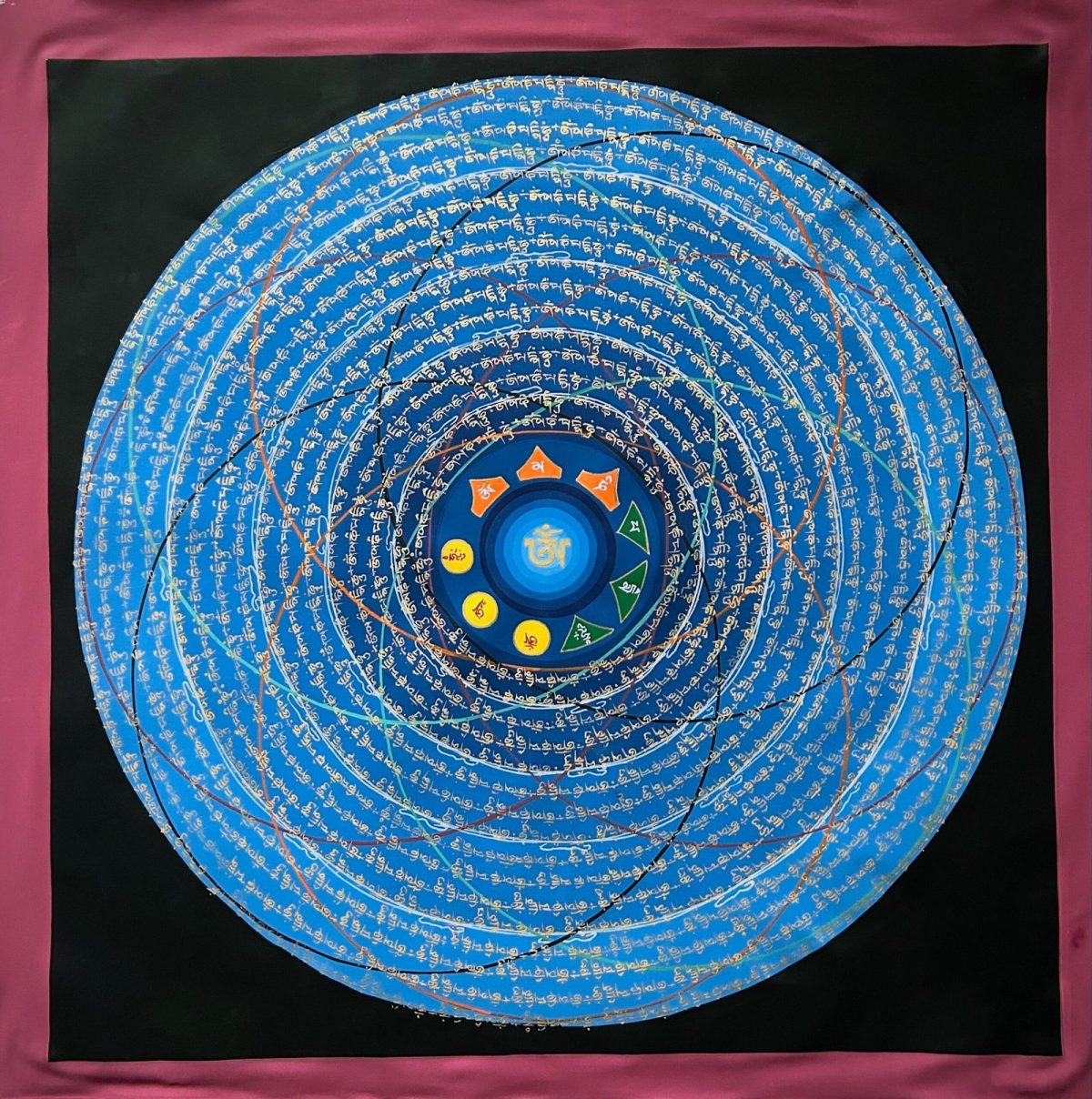 Hand painted Sacred Universe Mantra Mandala Thangka painting with gold details from Nepal